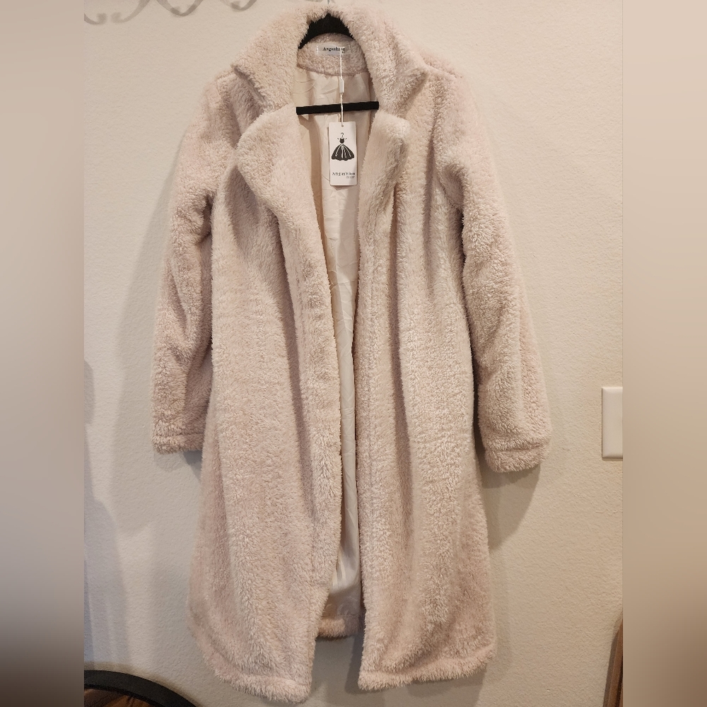 Women's Fuzzy Fleece Lapel Open Front Long Cardigan Coat Faux Fur Warm - Picture 2 of 10